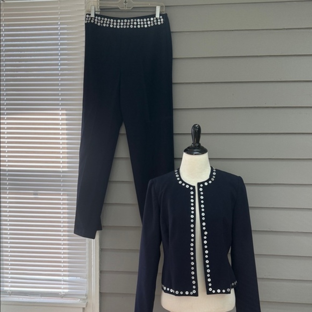Vintage Nouveaux Navy  Women's Embellished Bolero Jacket & Pants Set 6P